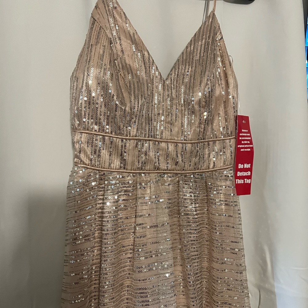 Long spaghetti strap rose gold sequin dress